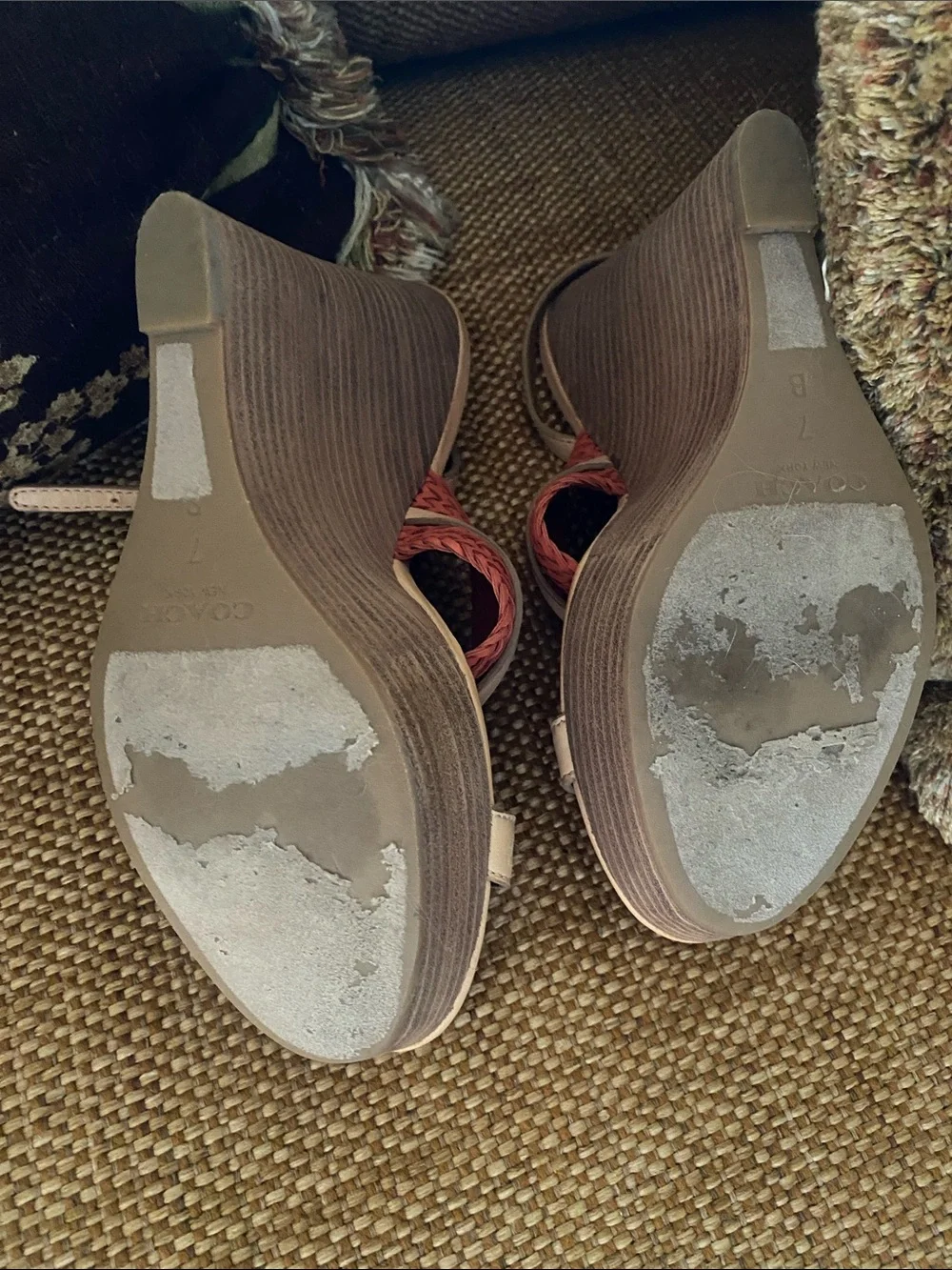Coach Tan and Coral Woven Wedge Sandals